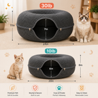 Cat bed with measurements and a cat sitting next to it, featuring text on weight and dimensions.