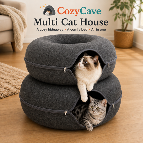 Cozy Cave Multi Cat House with two cats inside on a wooden floor.