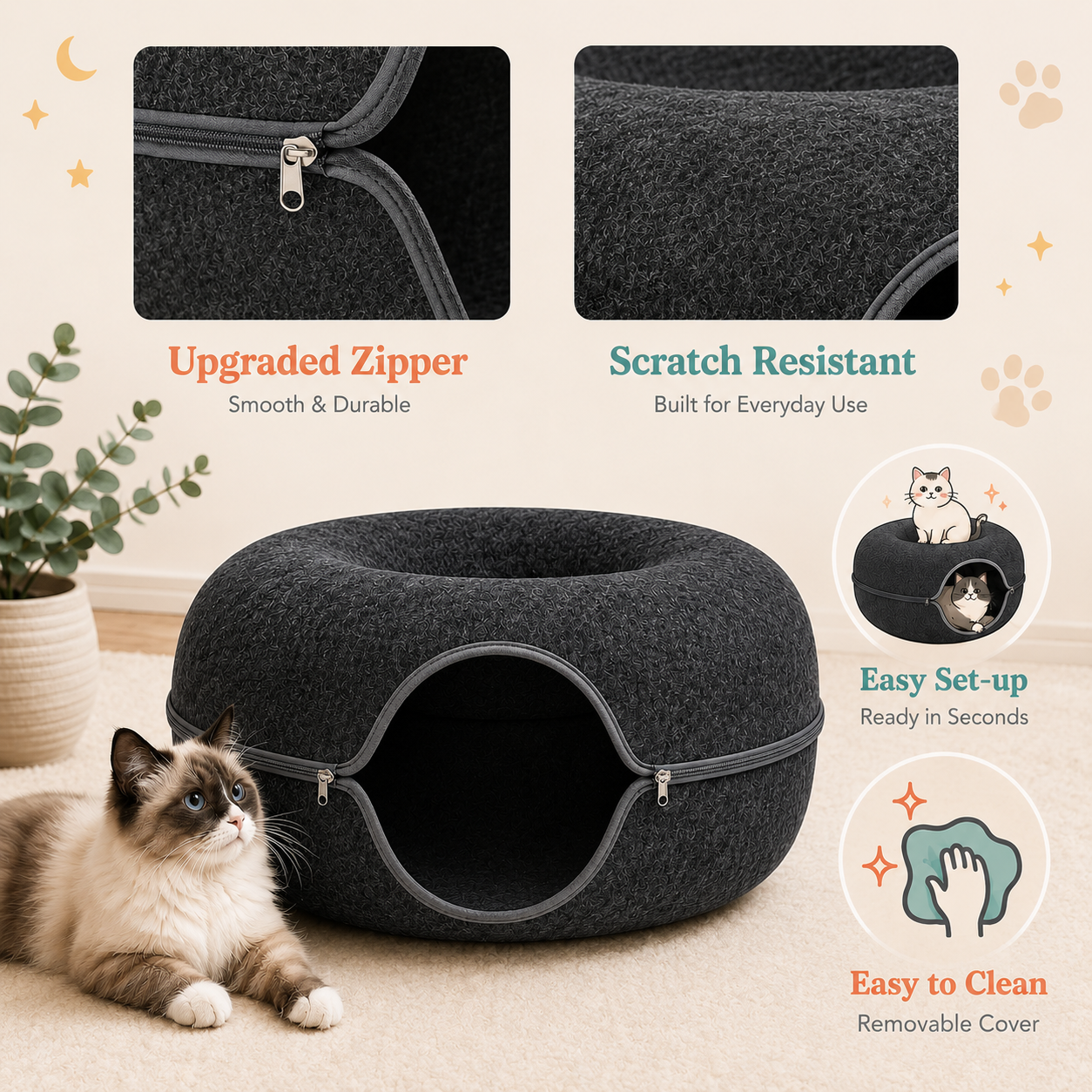 Cat bed with features highlighted on a light background