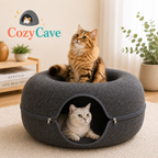 Two cats in a Cozy Cave pet bed with 'Cozy Cave' branding.