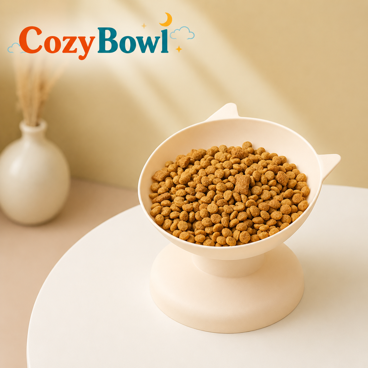 A cream-colored elevated cat food bowl filled with dry kibble, placed on a round white table. The background is a warm beige wall with soft shadows, and a small white vase is blurred in the background on the left.