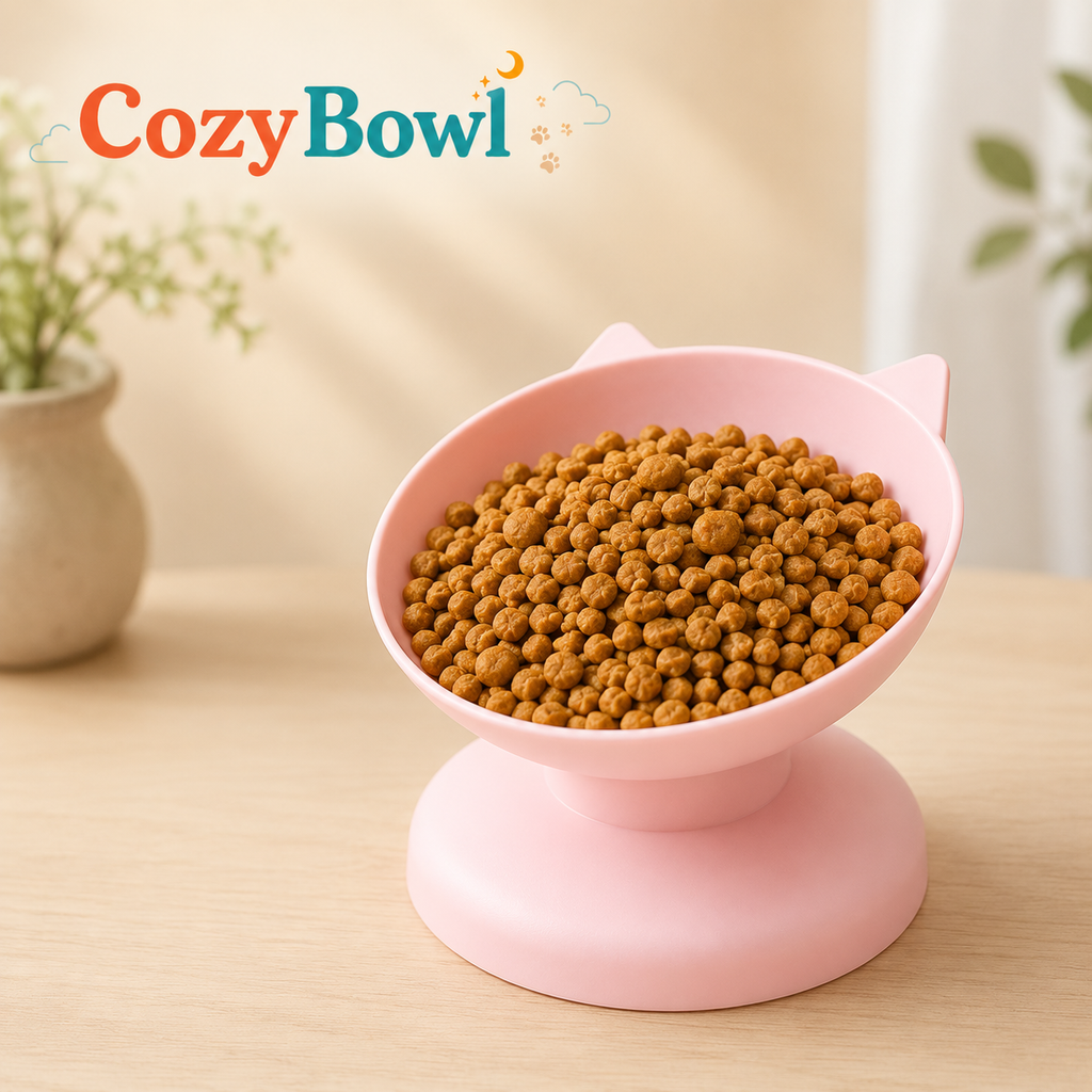A pink elevated cat food bowl filled with dry kibble, placed on a light wood table in a softly lit indoor setting. The Cozy Bowl logo appears in the upper left corner.