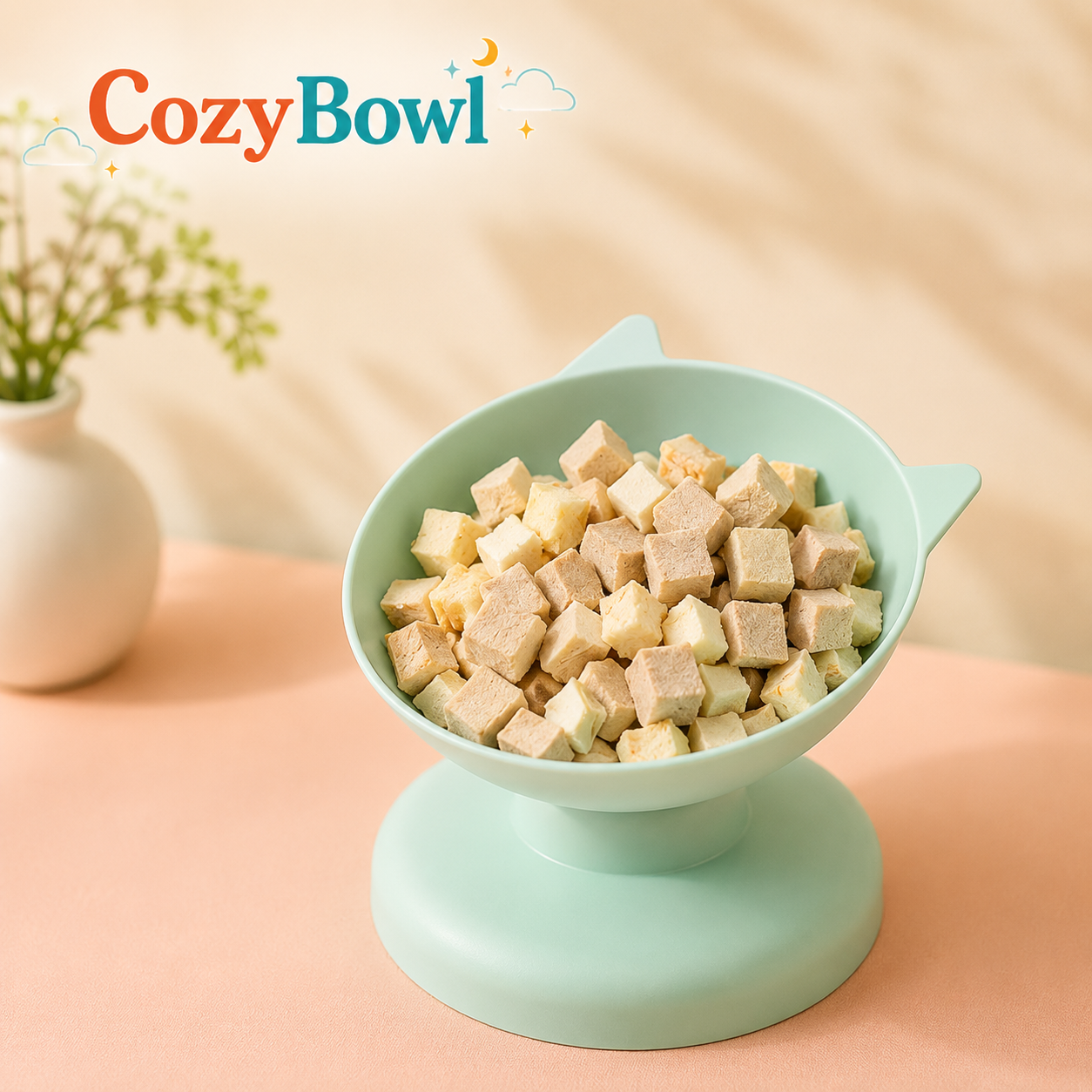 A mint green elevated pet bowl with cat-ear handles, filled with cubed dry pet food, on a peach-colored surface with a soft beige background. The brand name 'Cozy Bowl' is visible in the top left corner.