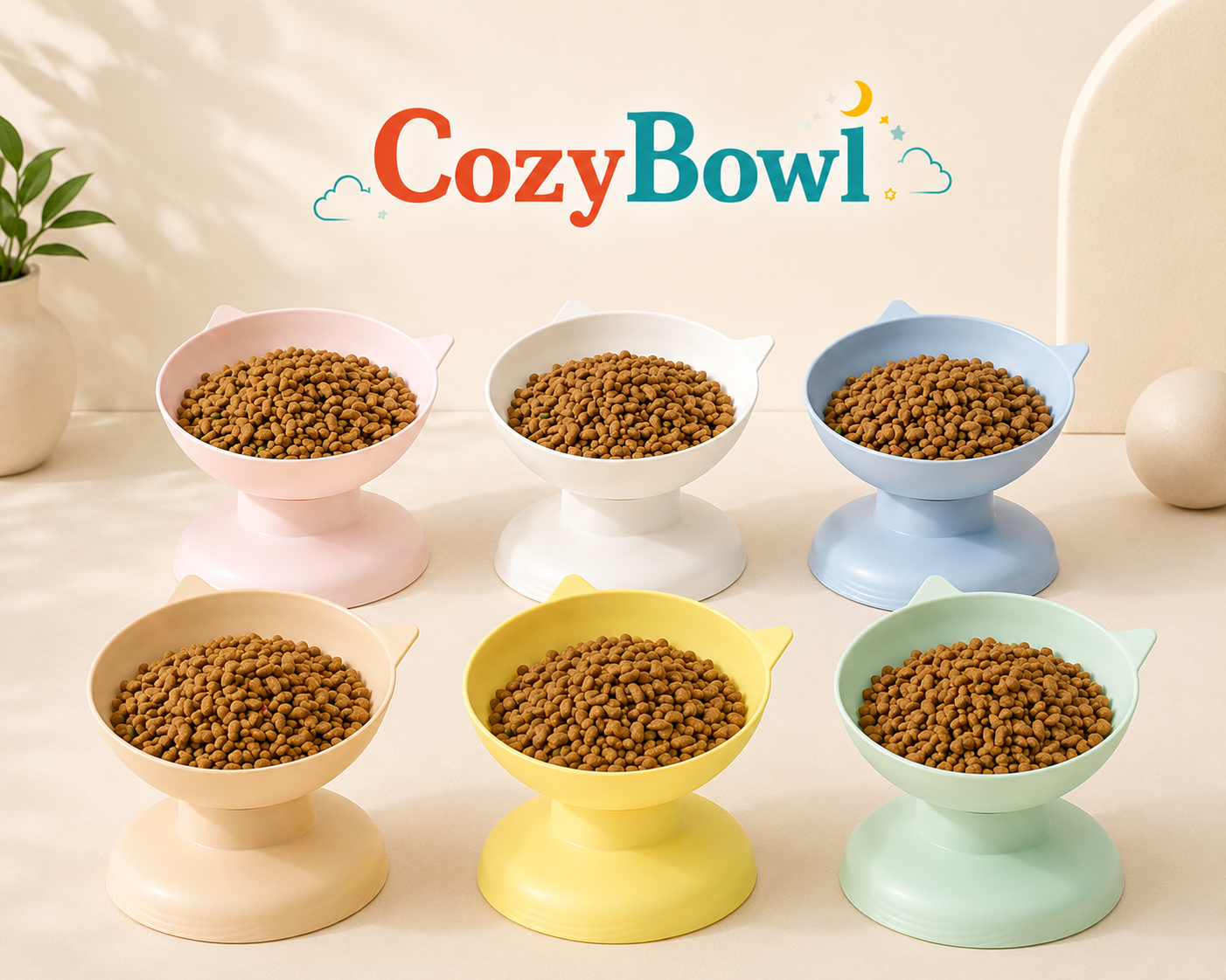 Six pastel-colored elevated pet bowls filled with kibble, arranged on a light beige surface with a soft cream background. The bowls are pink, white, light blue, peach, yellow, and mint green.