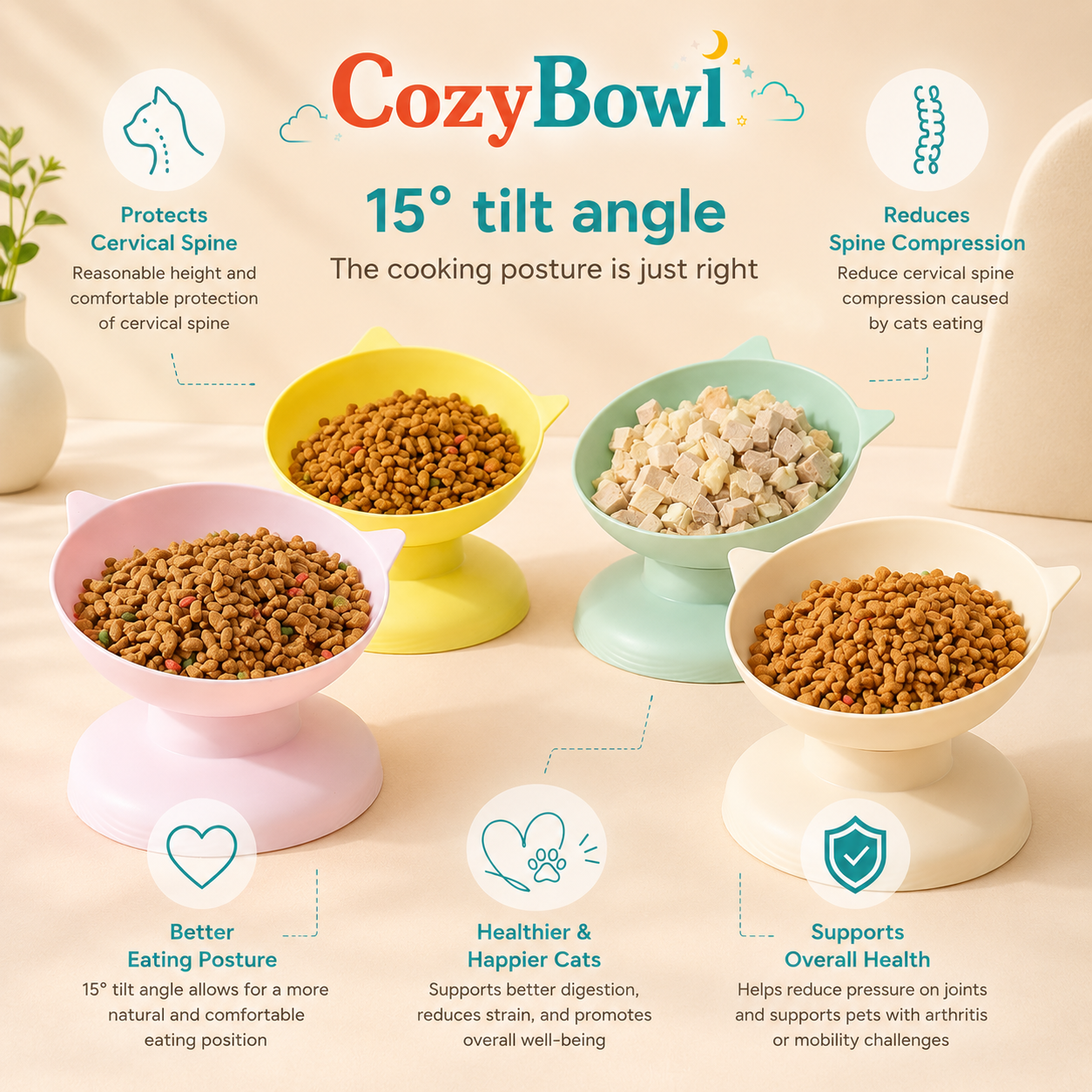 Four CozyBowl pet food bowls in pastel pink, yellow, mint green, and white, arranged on a light beige background with informational text and icons about cat posture and health benefits.