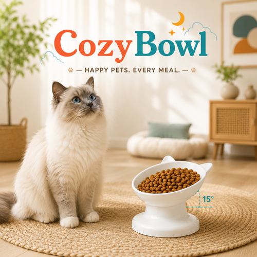 A fluffy cream-colored cat with blue eyes sits on a woven rug beside a white elevated cat food bowl filled with kibble. The scene is a warm, sunlit indoor room with home decor, and the words 'Cozy Bowl' appear at the top with the tagline 'Happy Pets.