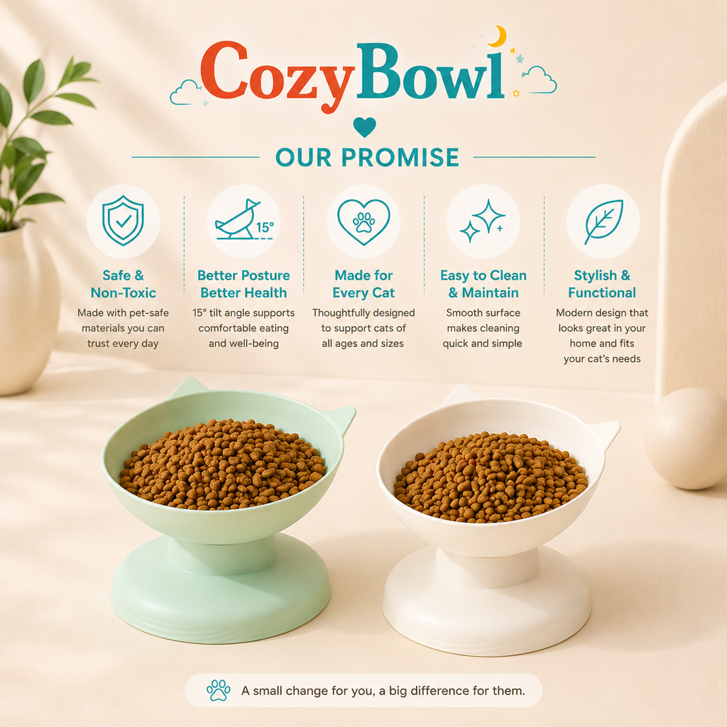Two elevated cat bowls filled with kibble, one mint green and one white, under the CozyBowl brand header with feature icons and text on a warm beige background.