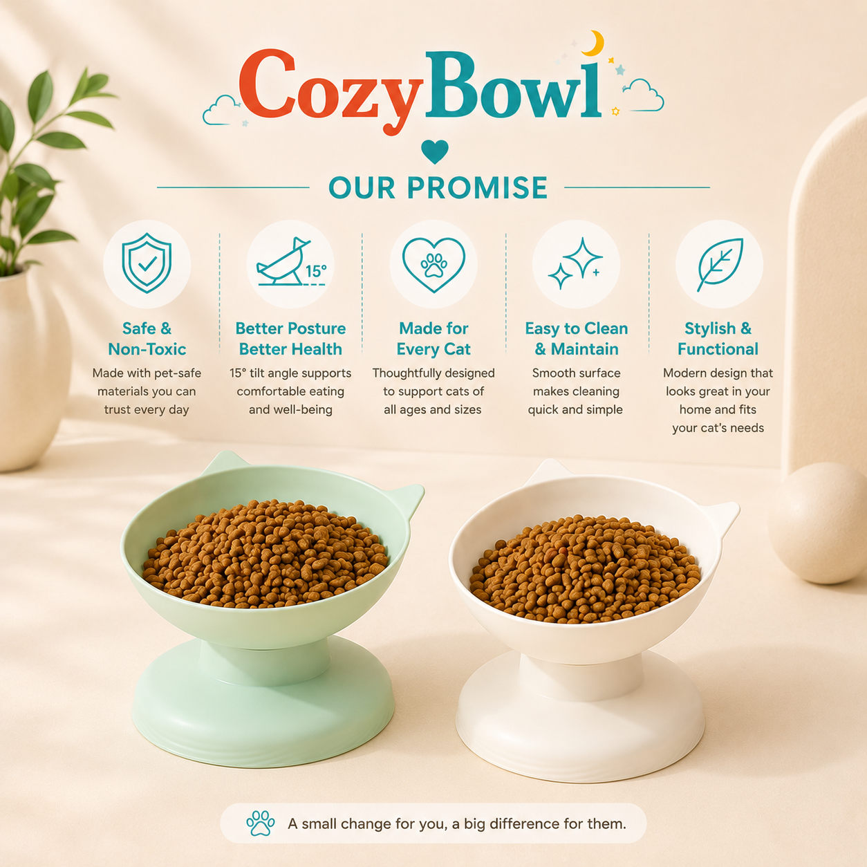 Two elevated cat bowls filled with kibble, one mint green and one white, under the CozyBowl brand header with feature icons and text on a warm beige background.