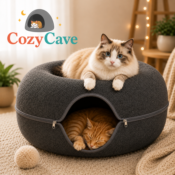 Two cats in a Cozy Cave pet bed with the Cozy Cave logo above.