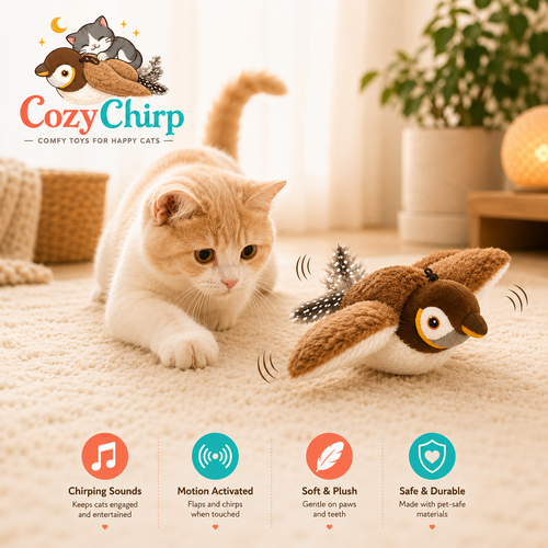 A cream-colored cat lies on a beige carpet in a softly lit room, looking at a plush toy penguin made from a brown bird wing with black-and-white feather details. The image includes the CozyChirp brand logo and feature icons along the bottom.