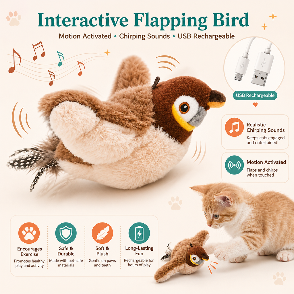 Interactive flapping bird cat toy shown on a light beige background with feature callouts, a USB charging inset, and a small orange kitten playing with the toy. Text highlights motion activation, chirping sounds, USB rechargeability, and safe plush materials.