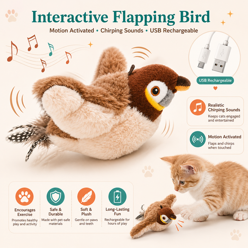 Interactive flapping bird cat toy shown on a light beige background with feature callouts, a USB charging inset, and a small orange kitten playing with the toy. Text highlights motion activation, chirping sounds, USB rechargeability, and safe plush materials.