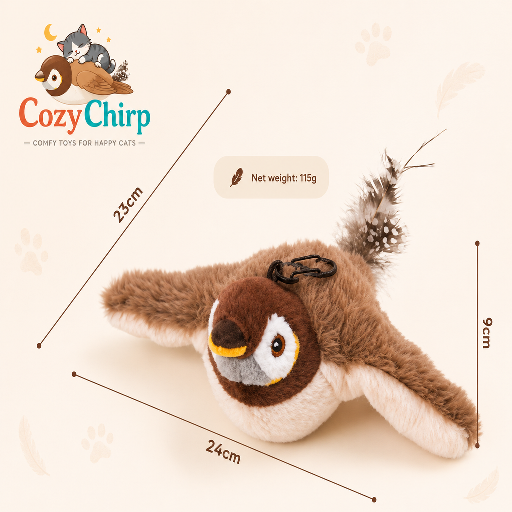 A plush cat toy shaped like a penguin with wings, shown on a light cream background with overlaid dimensions (23cm, 24cm, 9cm), net weight (115g), and the CozyChirp brand logo.
