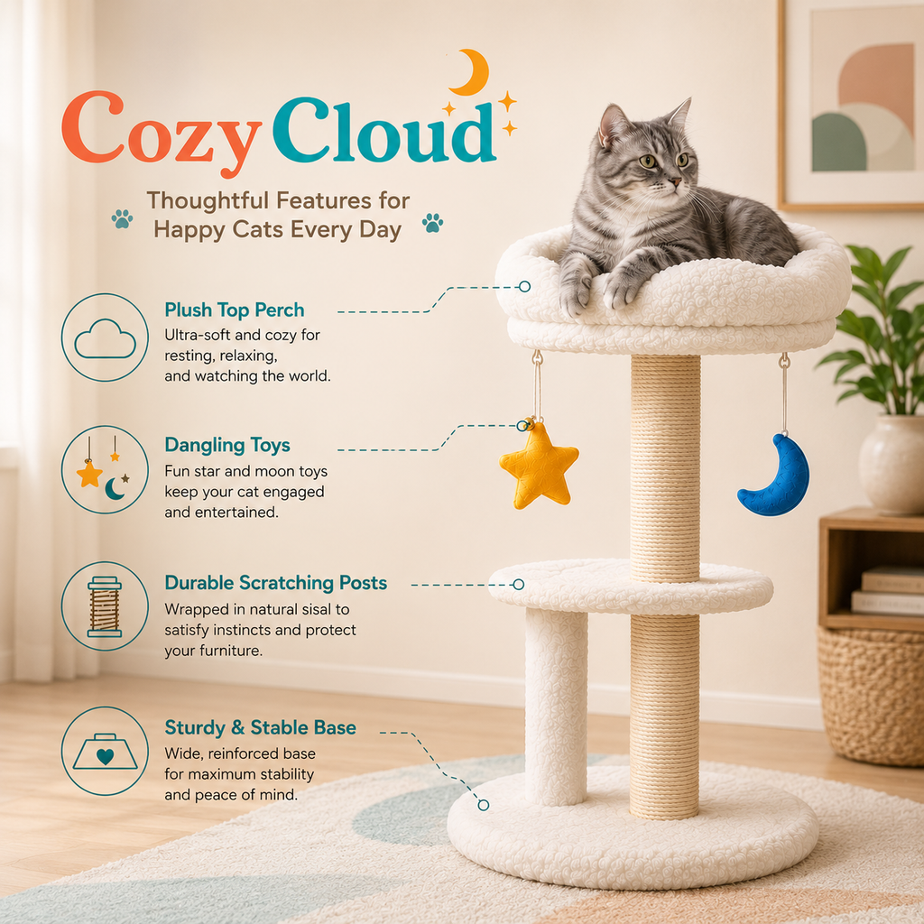 A gray tabby cat sits on a plush cream-colored three-level cat tree in a softly lit room. The image includes marketing text and callouts for 'Cozy Cloud' cat tree features, including a plush top perch, dangling toys, durable scratching posts, and a sturdy base.