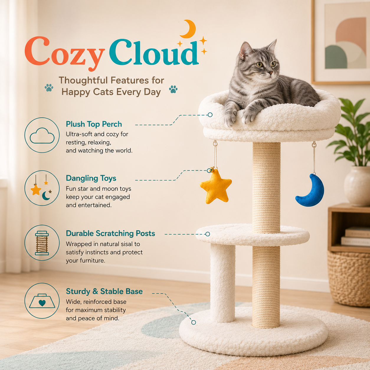 A gray tabby cat sits on a plush cream-colored three-level cat tree in a softly lit room. The image includes marketing text and callouts for 'Cozy Cloud' cat tree features, including a plush top perch, dangling toys, durable scratching posts, and a sturdy base.