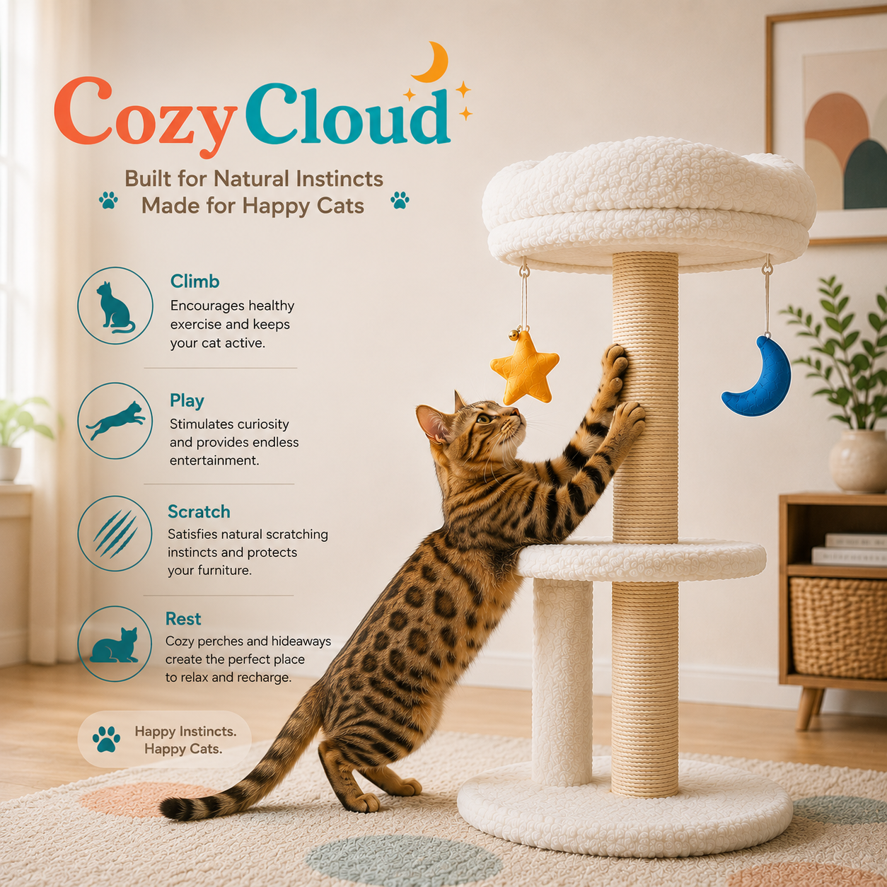 A brown tabby cat stands on a patterned rug, reaching toward a hanging star toy attached to a fluffy cream cat tree. The scene is a styled indoor room with a framed print, plant, and side table, and the product is branded 'Cozy Cloud' with feature callouts along the left side.