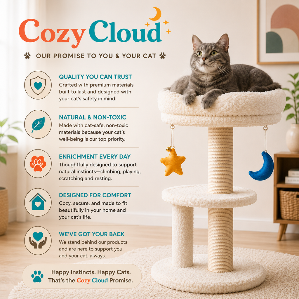 A cat tree in a home interior with a gray tabby cat sitting on the top platform. The left side contains marketing text and icons for 'Cozy Cloud' with claims like quality, natural materials, enrichment, comfort, and customer support.