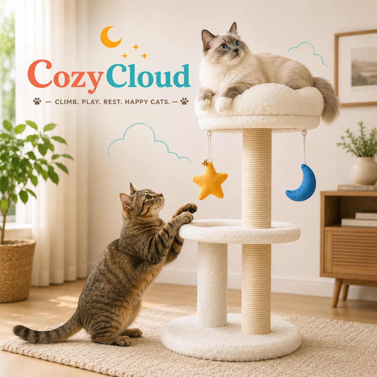 A cat tree in a cozy room with two cats: one lounging on the top platform and one reaching toward hanging toys. The product is branded 'Cozy Cloud' with decorative clouds and stars.