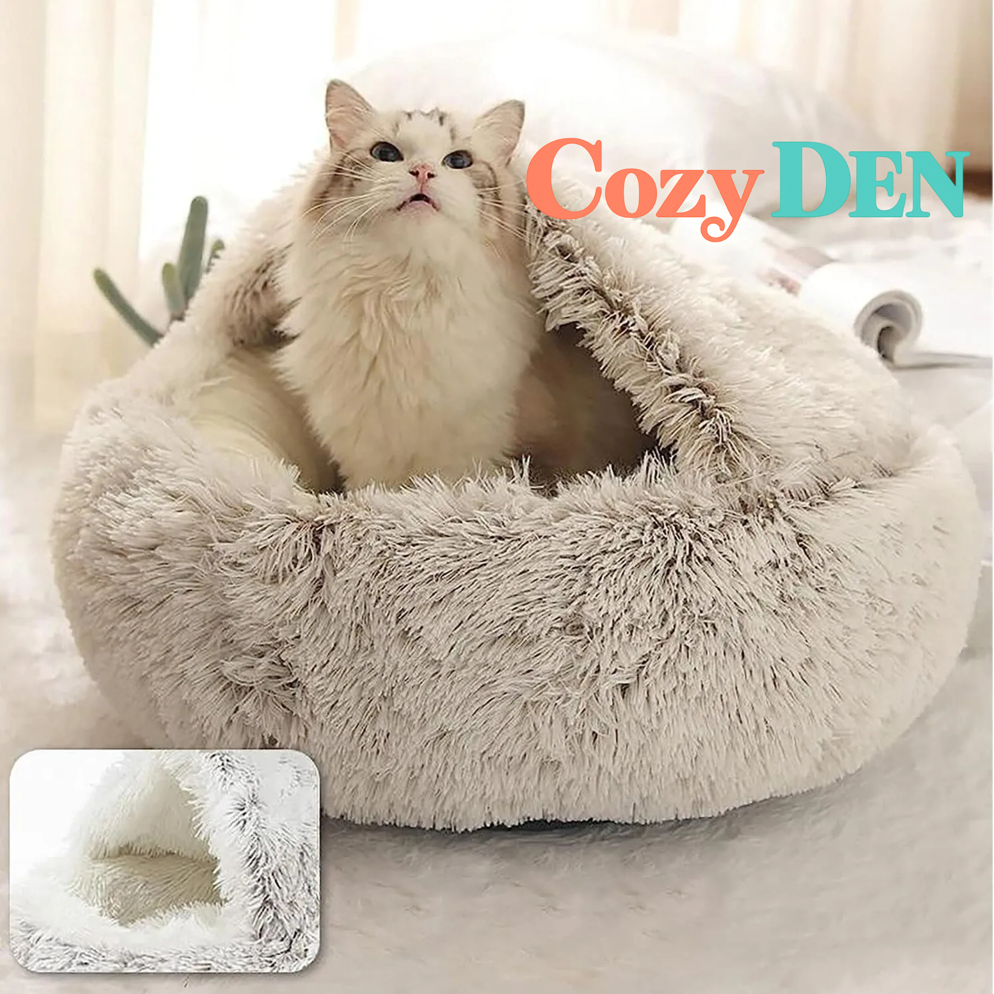 Cat sitting in a fluffy pet bed with 'Cozy Den' branding.