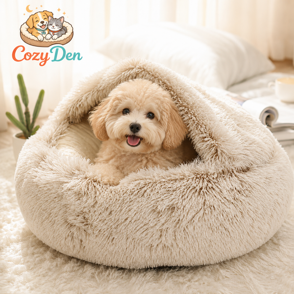 A fluffy cream-colored dog bed with a small light-colored dog sitting inside, photographed in a soft, warm indoor setting. The CozyDen brand logo is visible in the top left corner.