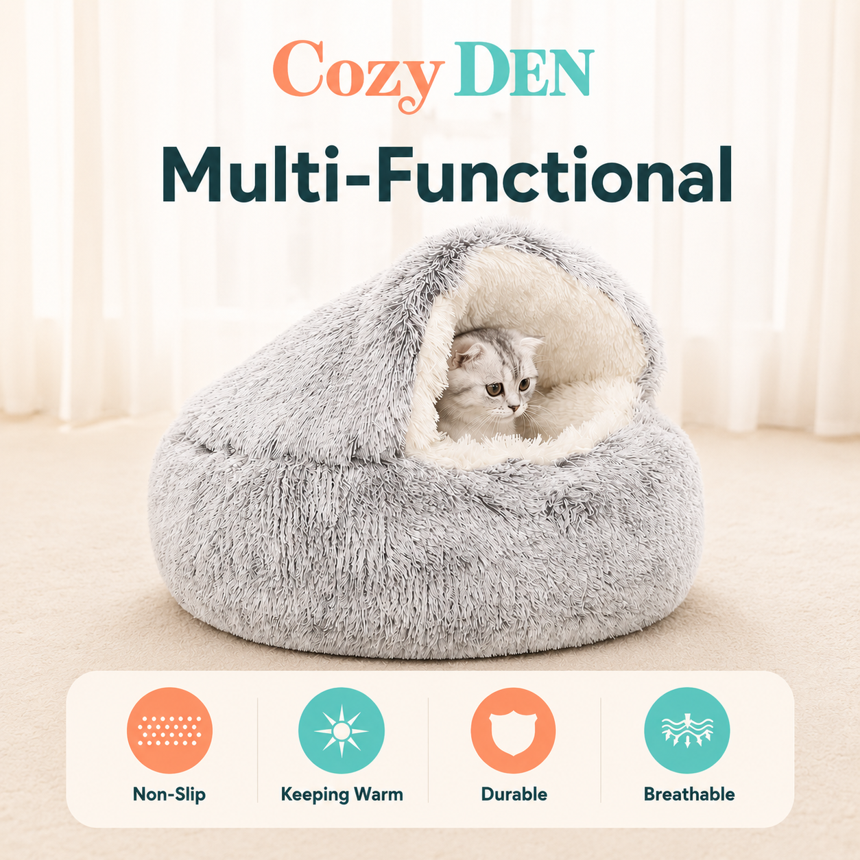 Gray Cozy DEN pet bed with a cat inside, featuring text and icons indicating features.