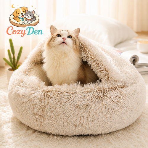 A fluffy long-haired cat sits inside a round, plush beige pet bed on a soft cream rug in a bright, warm room. The CozyDen brand logo is visible in the top-left corner.