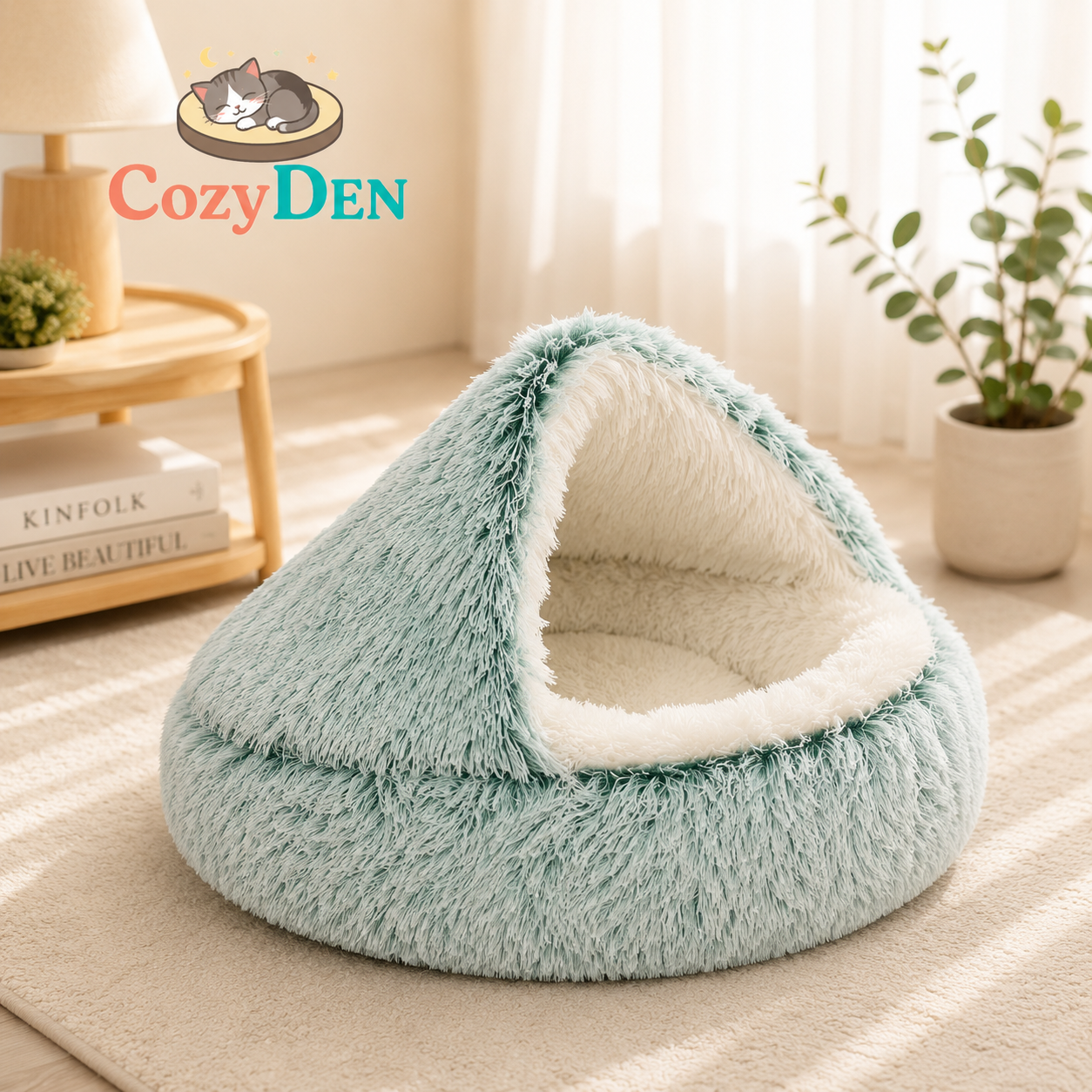 Fluffy pet bed with Cozy Den branding in a home setting