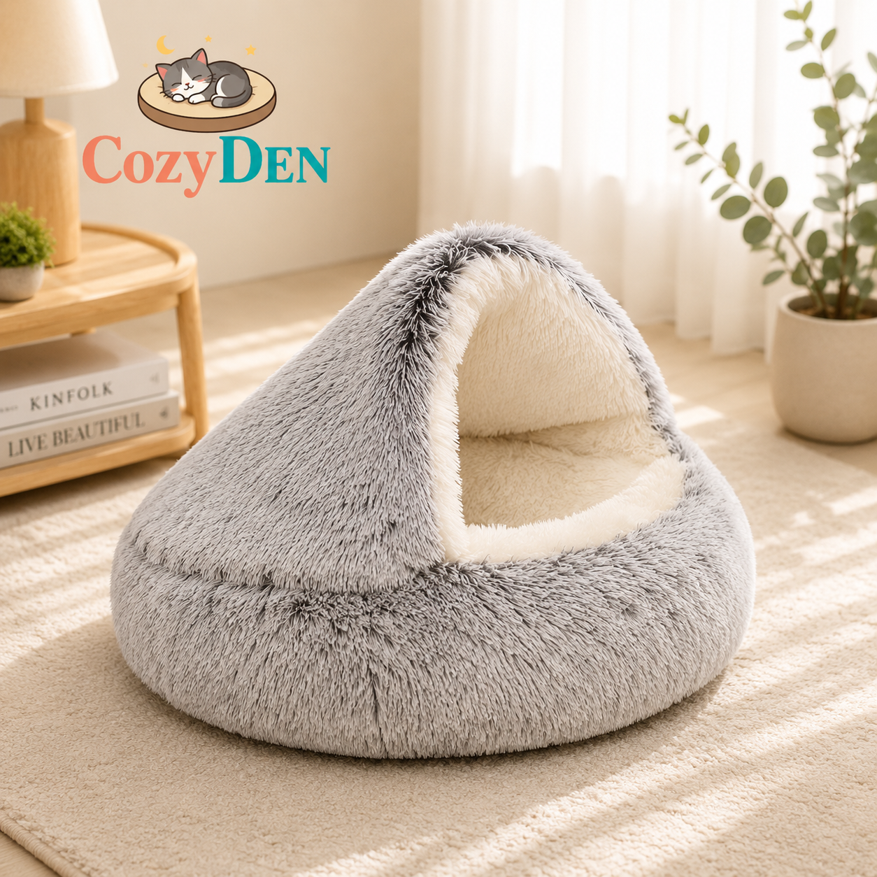 Fluffy pet bed with Cozy Den logo in a cozy room setting
