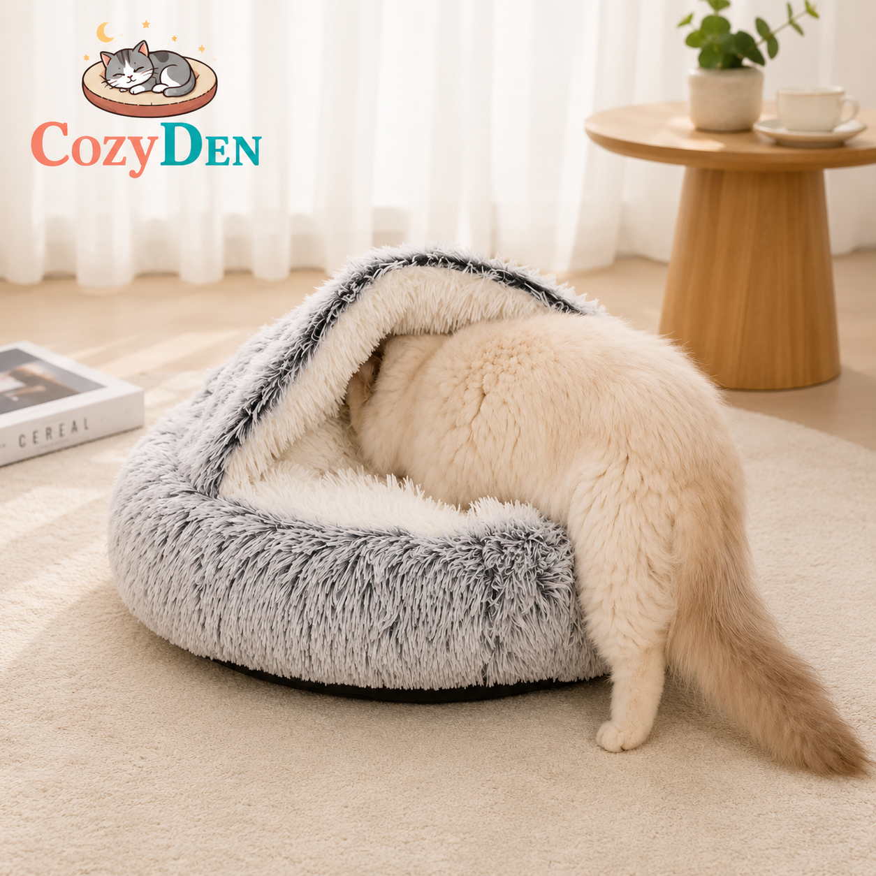 Cat lying in a fluffy gray pet bed with Cozy Den logo in the corner.