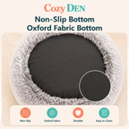 Cat bed with non-slip bottom and oxford fabric top, featuring Cozy Den branding.