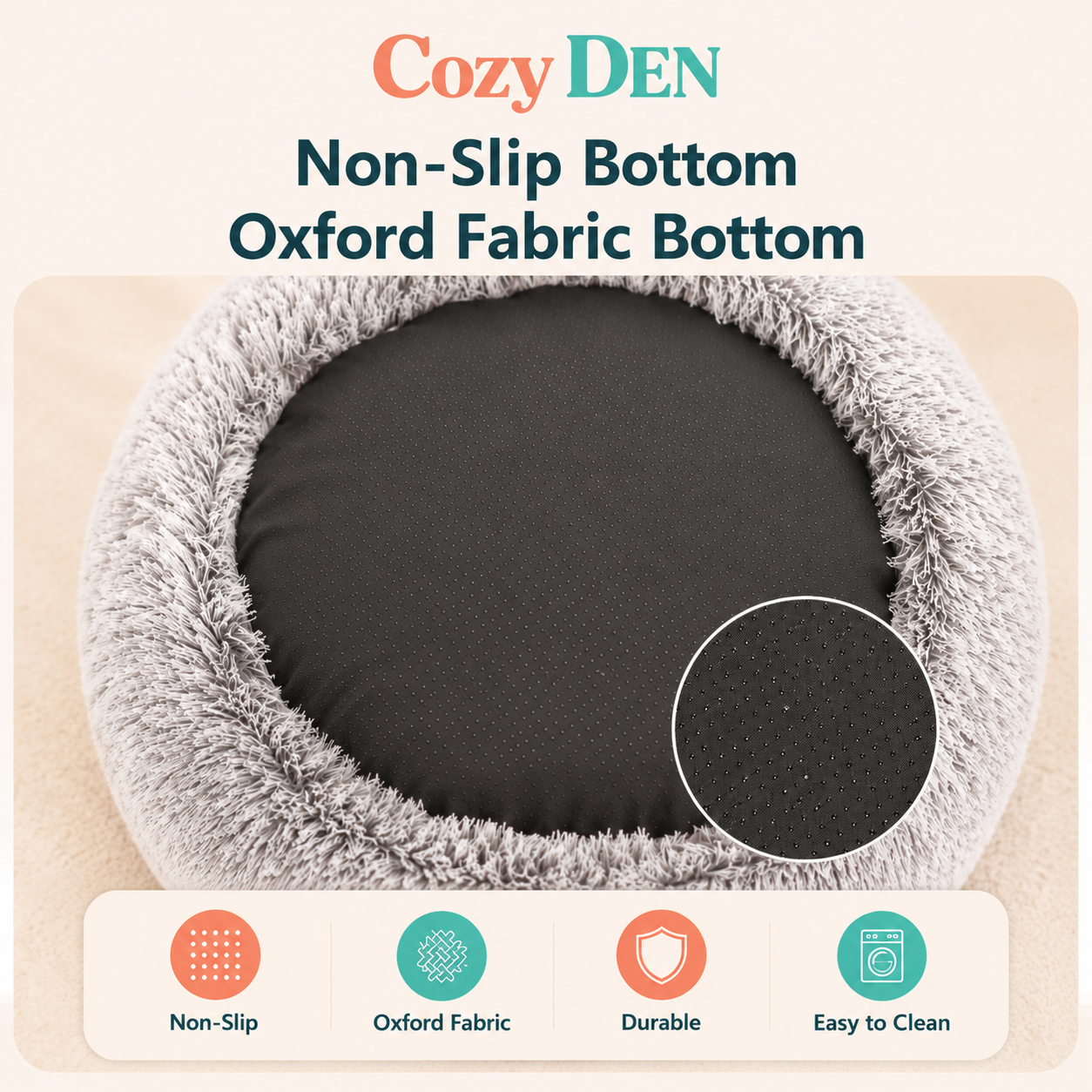 Cat bed with non-slip bottom and oxford fabric top, featuring Cozy Den branding.
