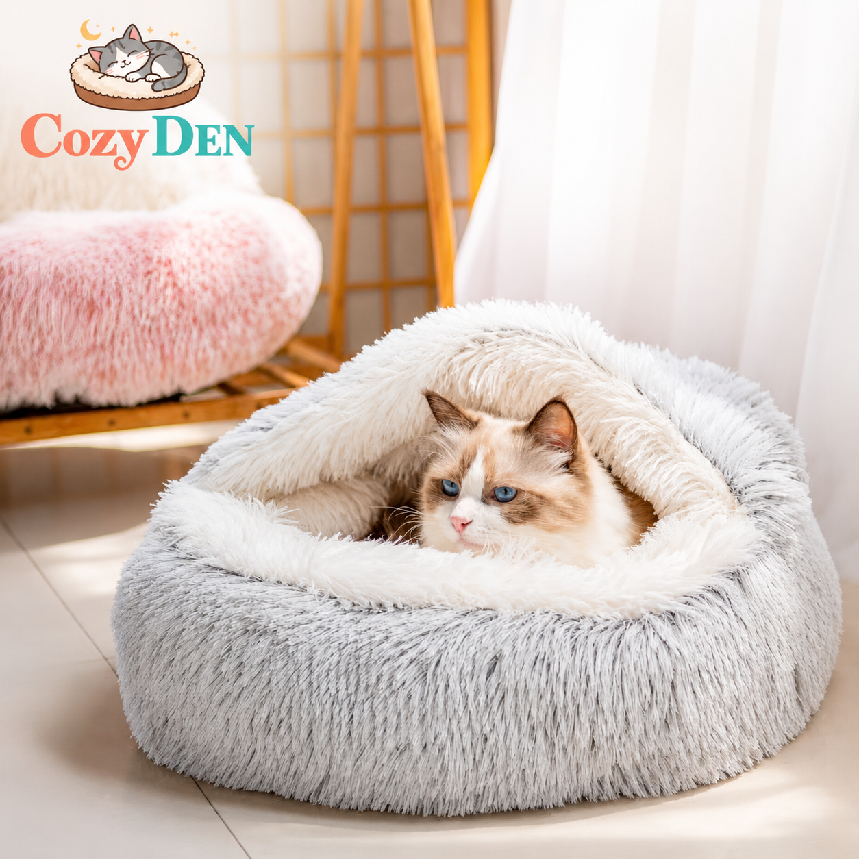 Cat lying in a fluffy gray pet bed with 'Cozy Den' branding.