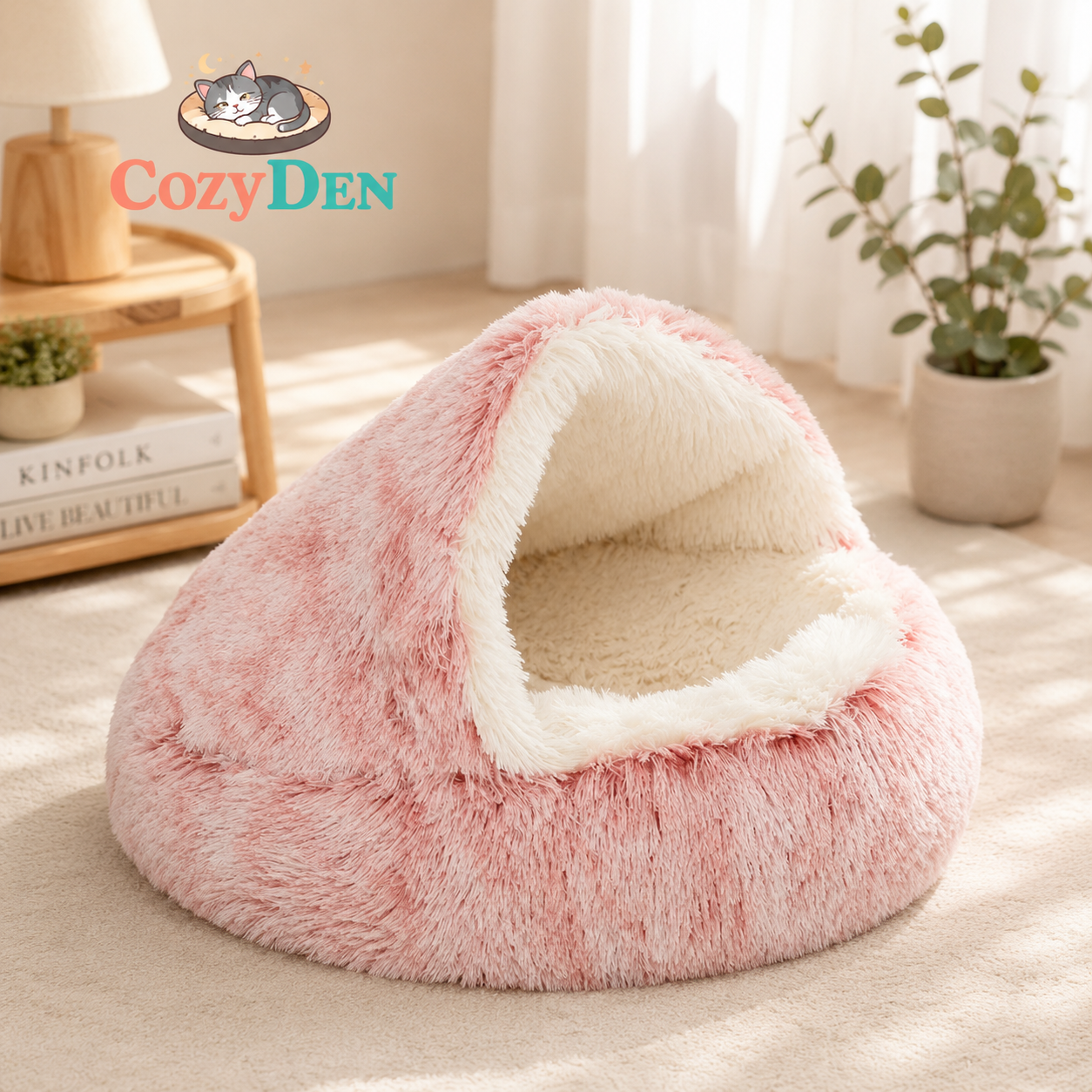 Pink and white pet bed with Cozy Den logo in a room setting.