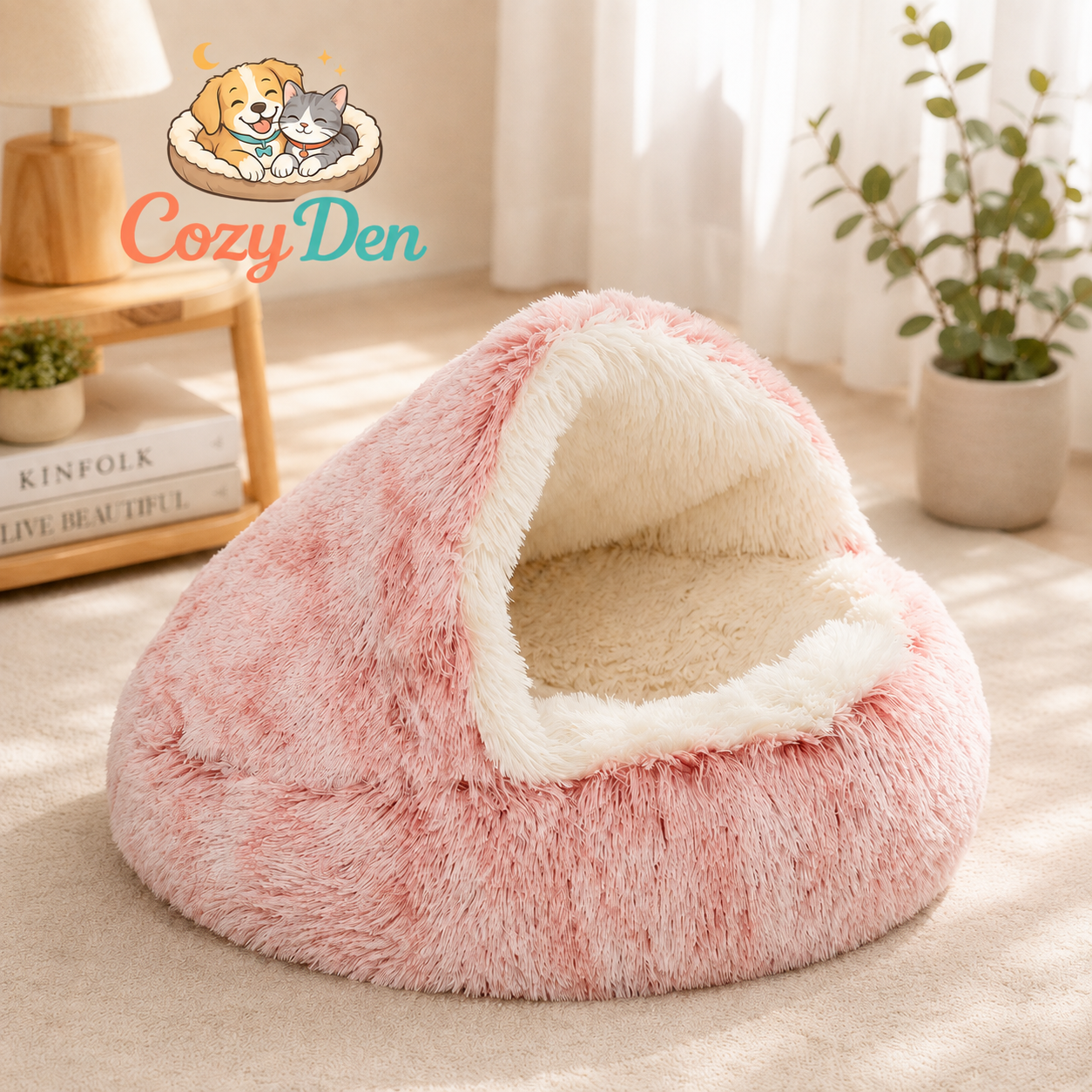 A pink plush pet bed with a cream-colored interior, styled in a warm, sunlit room with a wooden side table, lamp, and potted plant. The CozyDen brand logo is visible in the upper left corner.