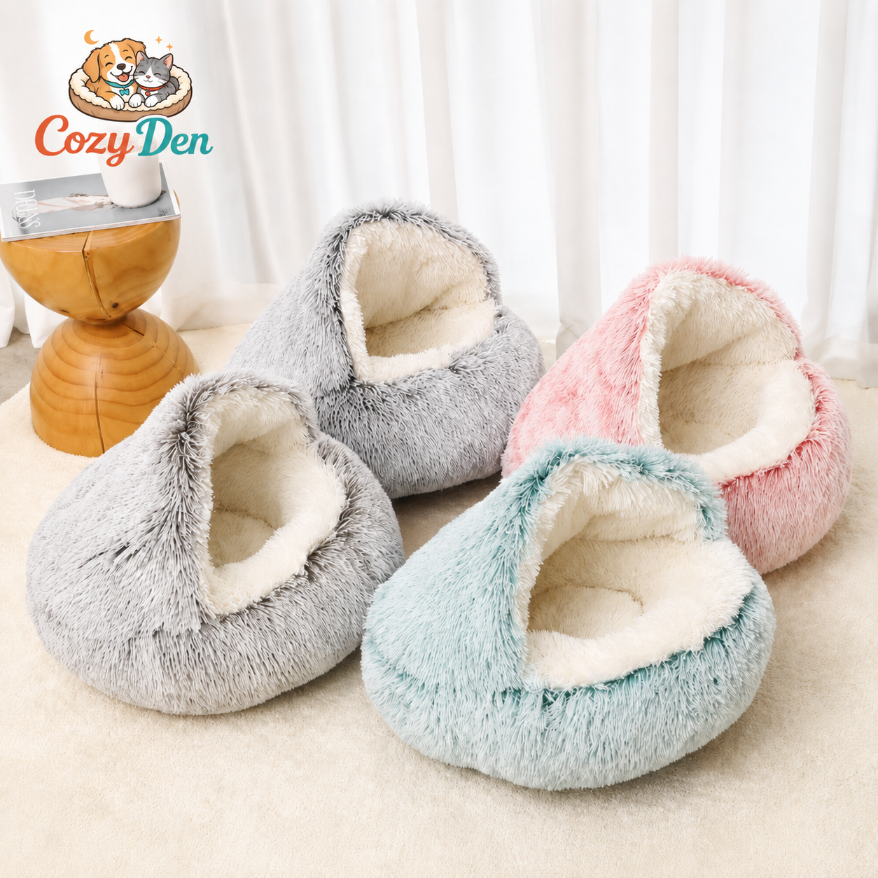 Four Cozy Den pet beds in light gray, mint blue, and pastel pink, arranged on a beige floor in front of white curtains. A wooden bowl and a Cozy Den logo are visible in the background.