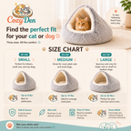 CozyDen size chart graphic showing three pet house sizes labeled Small, Medium, and Large, with illustrations and text for pet weight and size capacity. A large photo of a gray plush cone-shaped cat bed with a cat inside appears at the top right.