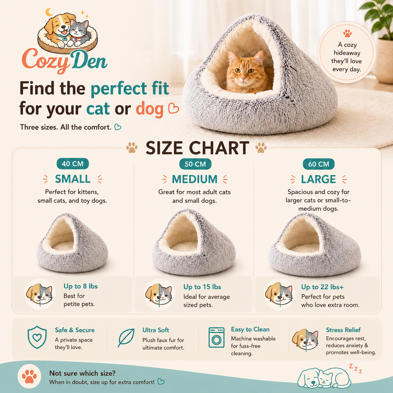 CozyDen size chart graphic showing three pet house sizes labeled Small, Medium, and Large, with illustrations and text for pet weight and size capacity. A large photo of a gray plush cone-shaped cat bed with a cat inside appears at the top right.