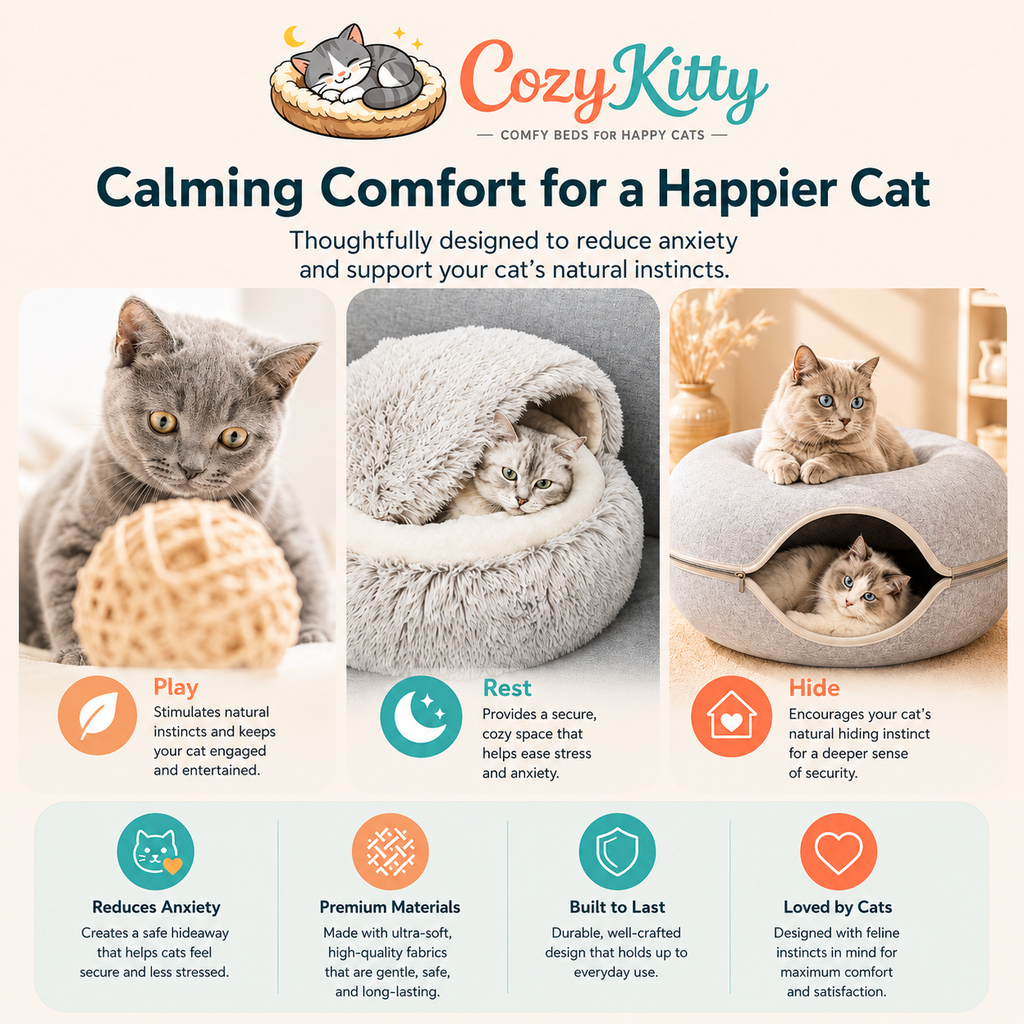 Advertisement for Cozy Kitty cat beds with text and images of cats using the product.