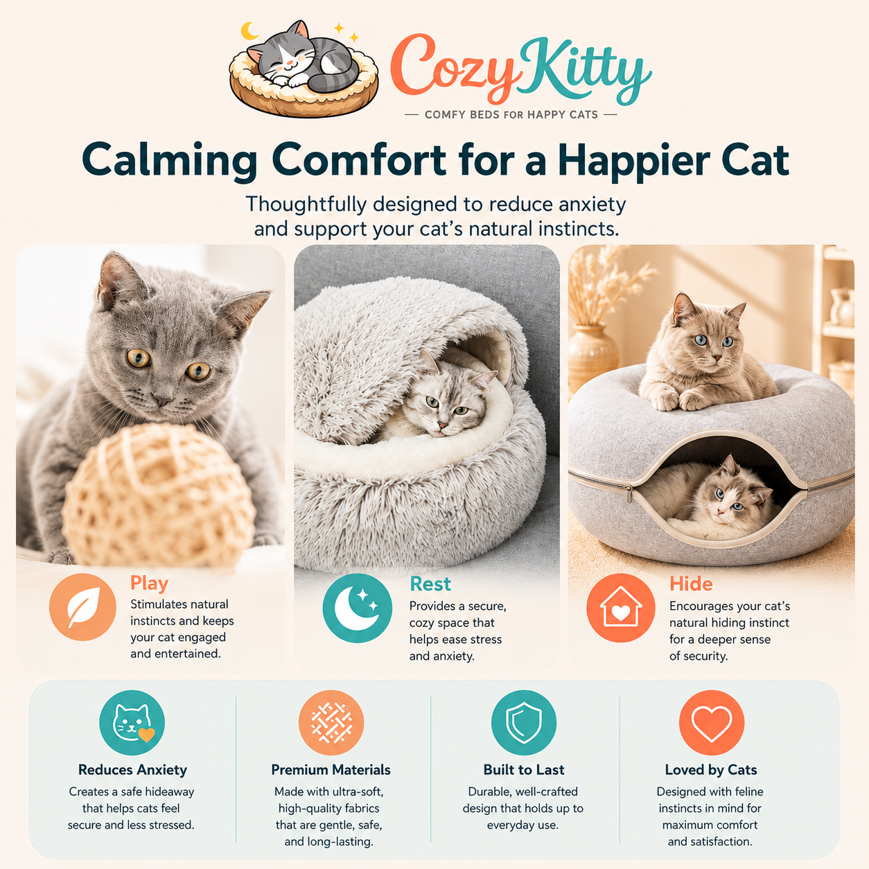Advertisement for Cozy Kitty cat beds with text and images of cats using the product.