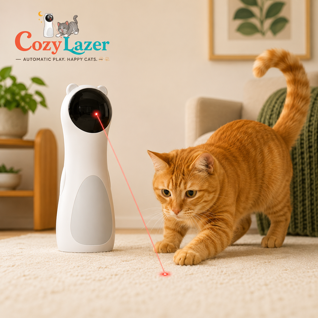 An orange tabby cat is shown interacting with a Cozy Lazer automatic play laser cat toy in a cozy living room setting. The white and gray toy emits a red laser light that is reflected by the cat.
