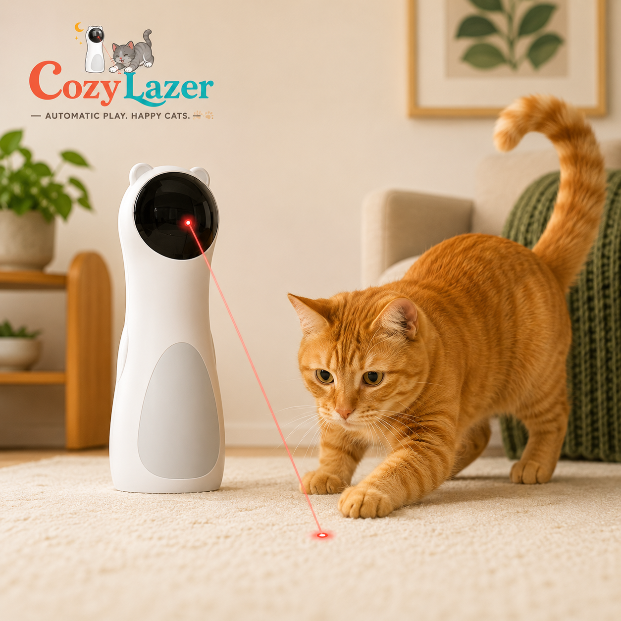 An orange tabby cat is shown interacting with a Cozy Lazer automatic play laser cat toy in a cozy living room setting. The white and gray toy emits a red laser light that is reflected by the cat.