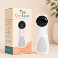 CozyLazer W1 automatic laser play happy cat toy shown next to its retail packaging box. The toy is white with a black circular laser eye on the forehead and small white bear ears on top.