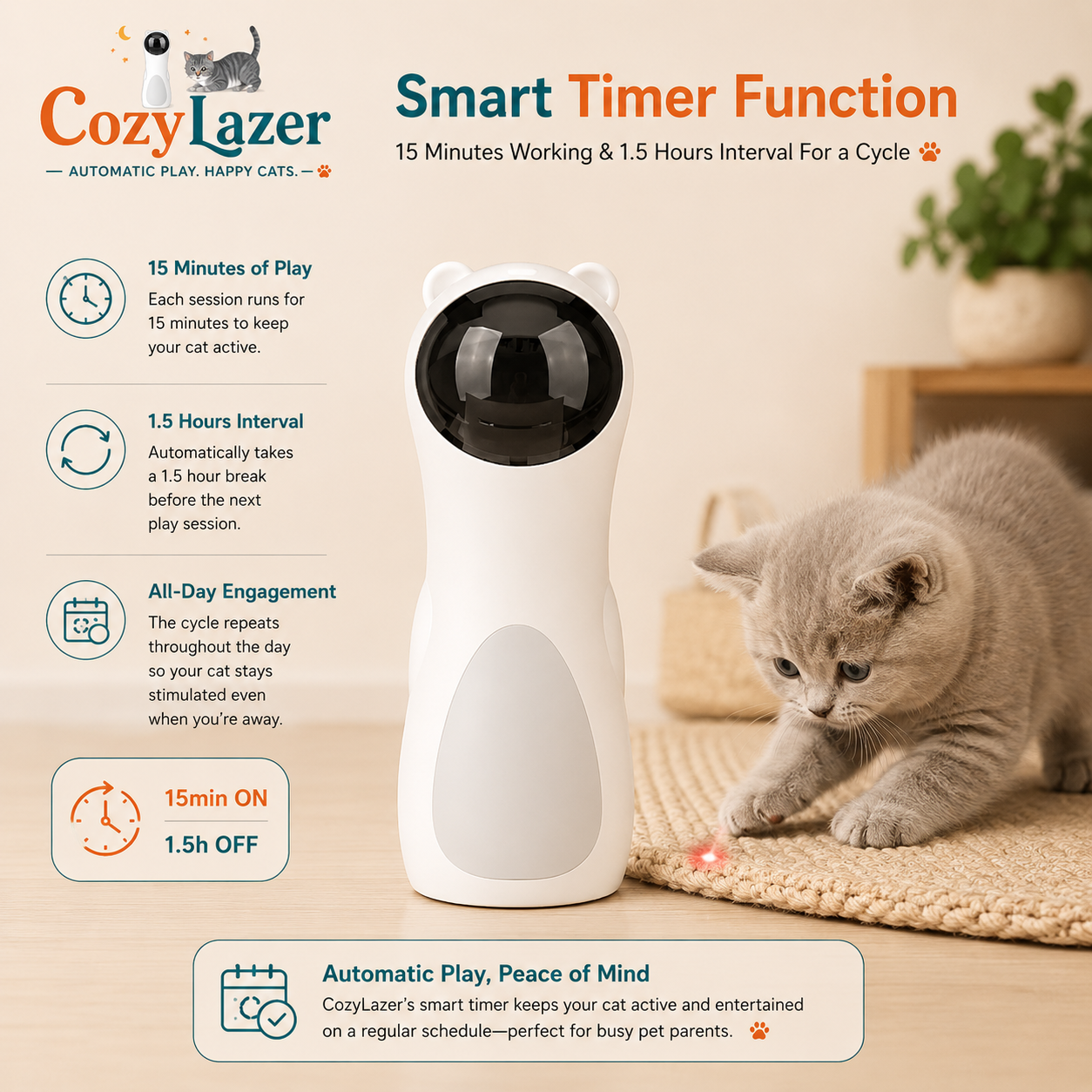 CozyLazer smart cat toy with a white body, black face, and cat-ear top, shown beside a gray kitten on a woven mat. The image includes marketing text about the 15-minute play session and 1.