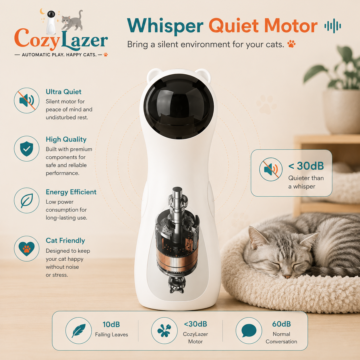 CozyLazer Whisper Quiet Motor automatic pet feeder shown on a beige background with marketing text and a sleeping gray cat on a cream blanket nearby.