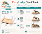 Cozy Ledge size chart for cats with dimensions, weight accommodations, and examples of cats.