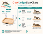 Cozy Ledge size chart for cats with dimensions, weight accommodations, and examples of cats on the product.