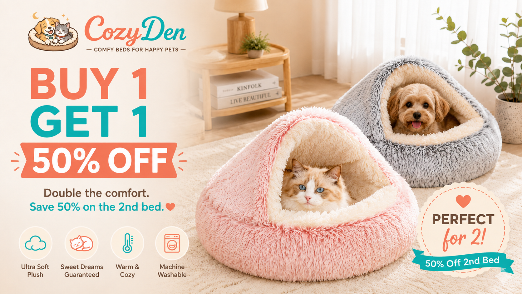CozyDen pet bed promotional banner showing two plush pet beds in a warm room: a pink bed with a cat inside in the foreground and a gray bed with a small dog inside behind it. Large text reads 'BUY 1 GET 1 50% OFF' with product features icons below.