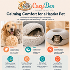 An informational marketing graphic for CozyDen pet beds, featuring a golden retriever, a kitten, and a cat resting in and using different styles of the brand's cozy beds. The graphic includes text explaining the benefits of each bed style: Play, Rest, and Hide.