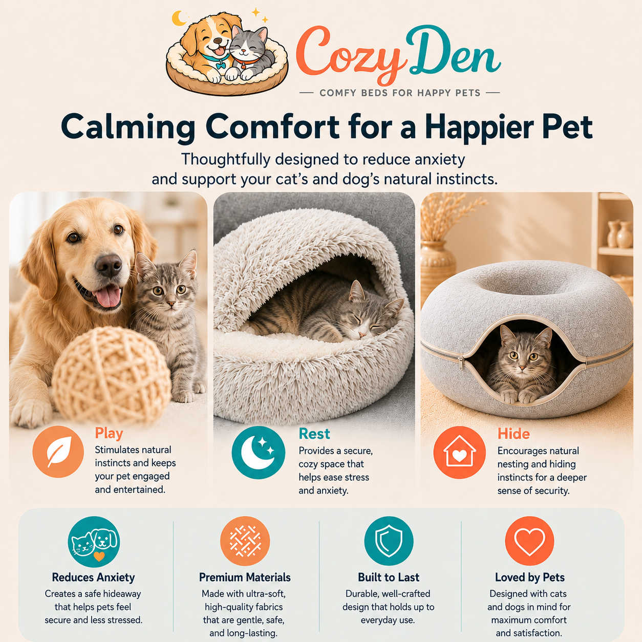 An informational marketing graphic for CozyDen pet beds, featuring a golden retriever, a kitten, and a cat resting in and using different styles of the brand's cozy beds. The graphic includes text explaining the benefits of each bed style: Play, Rest, and Hide.