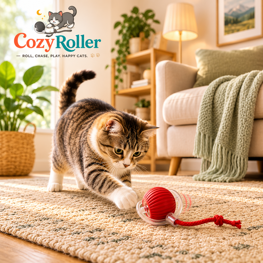 A tabby cat with white paws plays with a red ball-and-twine toy on a woven rug in a cozy living room. The Cozy Roller brand logo appears in the top left corner.